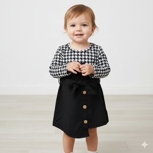 Girls Houndstooth Dress Black & White Long Sleeve Tie Waist Colorblock Tunic 3T